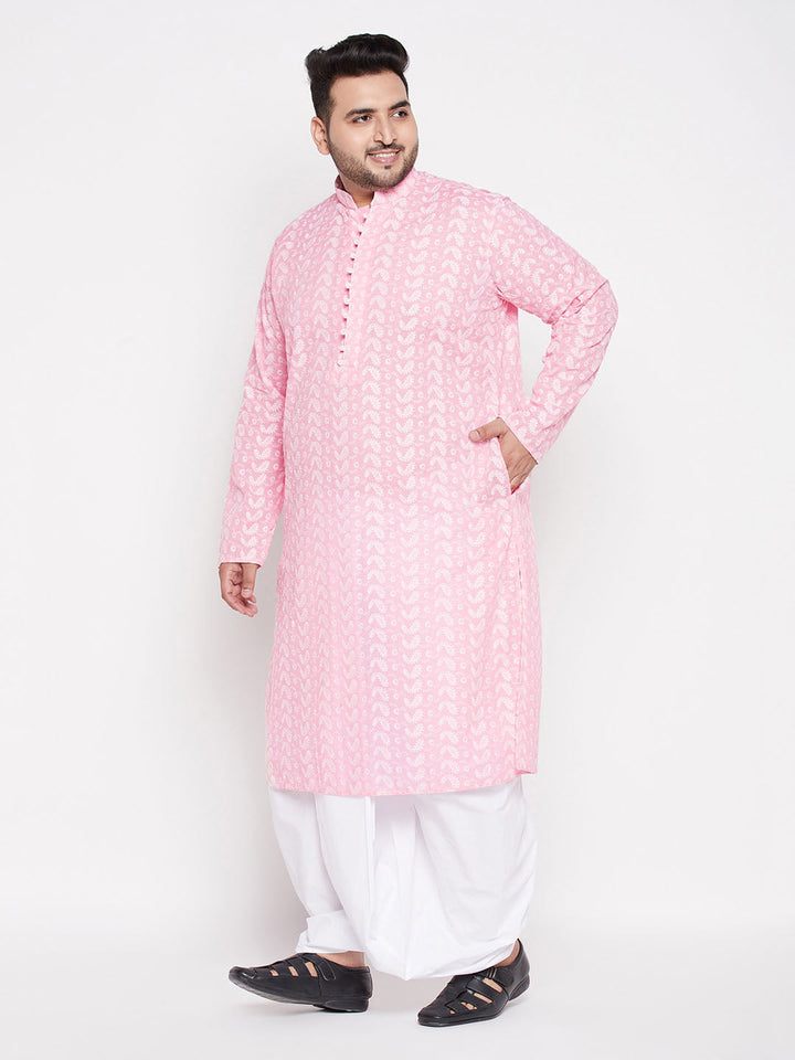 VASTRAMAY Men's Plus Size Pink Chikankari Embroidered Kurta And White Dhoti Set