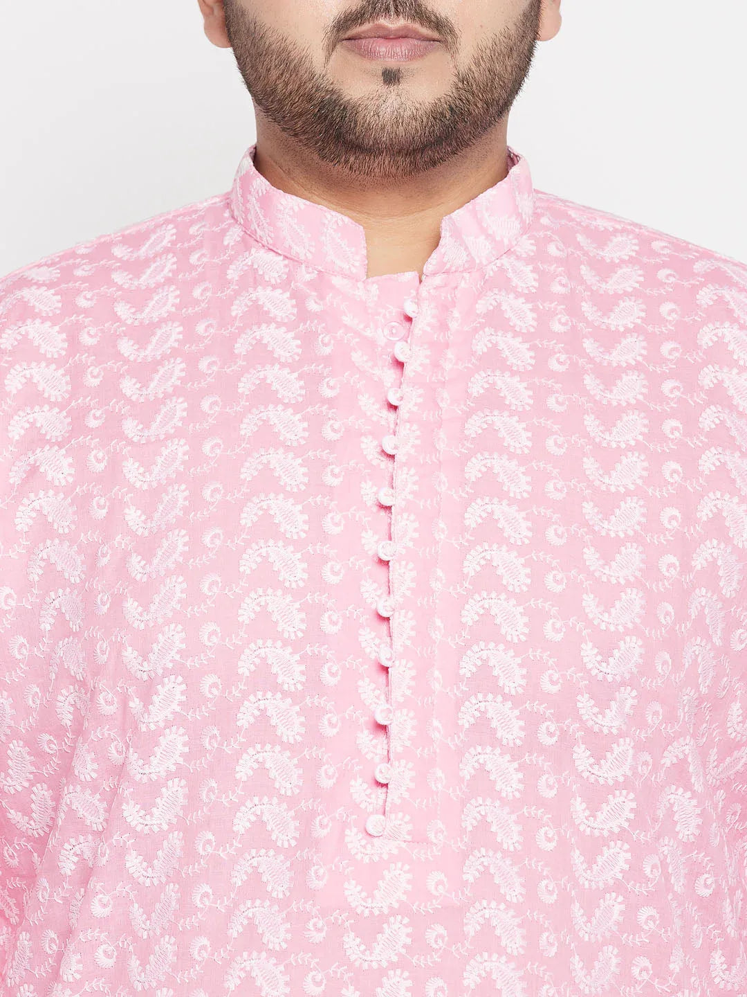 Men's Plus Size Pink Chikankari Embroidered Kurta And White Dhoti Set
