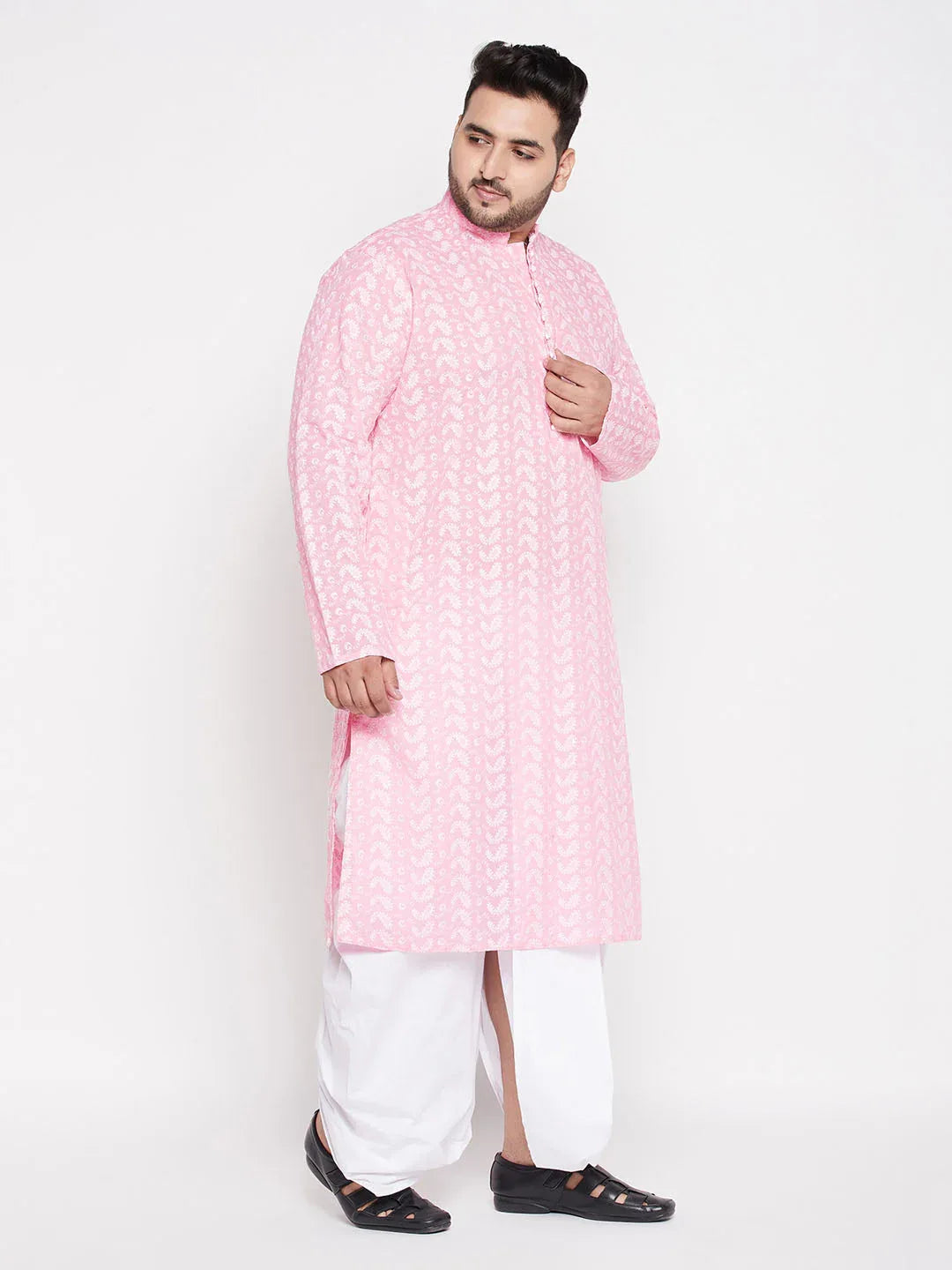 Men's Plus Size Pink Chikankari Embroidered Kurta And White Dhoti Set