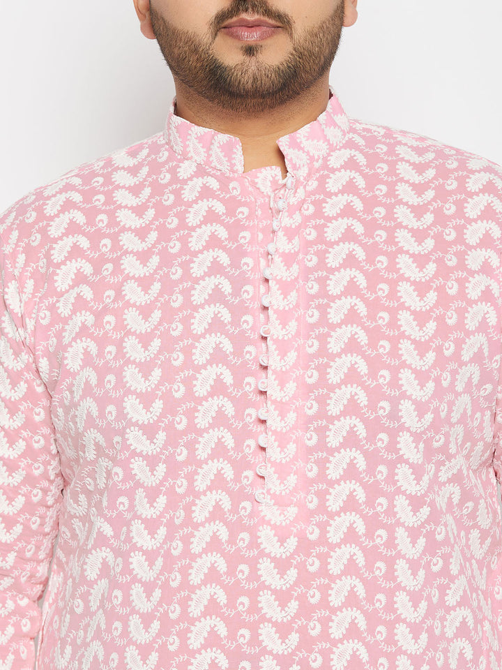 VASTRAMAY Men's Plus Size Pink Chikankari Embroidered Kurta And White Cotton Pant Style Pyjama Set