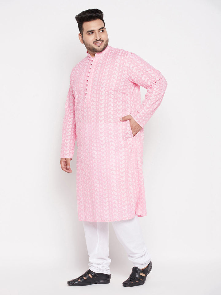 VASTRAMAY Men's Plus Size Pink Chikankari Embroidered Kurta And White Pyjama Set - Traditional Indian ethnic wear in pink with intricate white embroidery