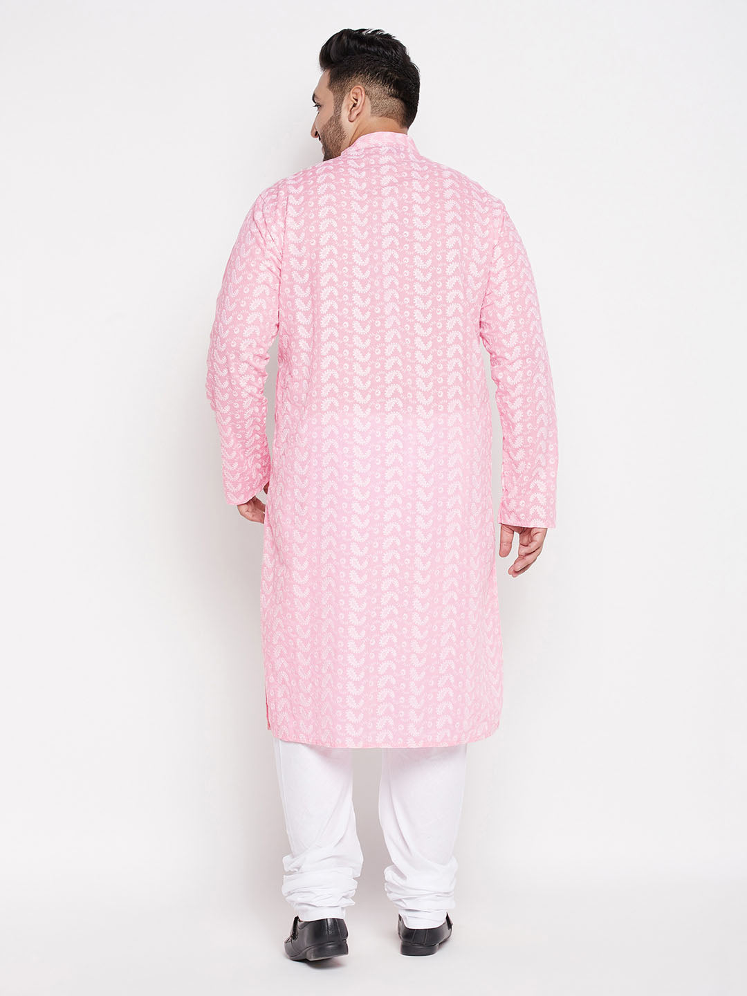 VASTRAMAY Men's Plus Size Pink Chikankari Embroidered Kurta And White Pyjama Set, traditional Indian ethnic wear for men with intricate hand embroidery