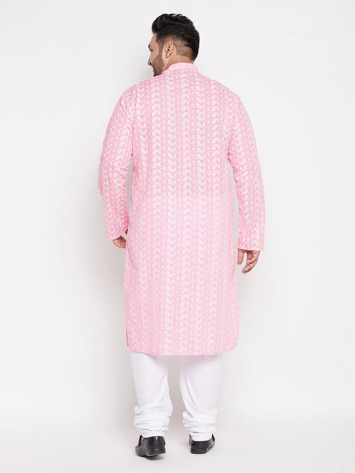 VASTRAMAY Men's Plus Size Pink Chikankari Embroidered Kurta And White Pyjama Set