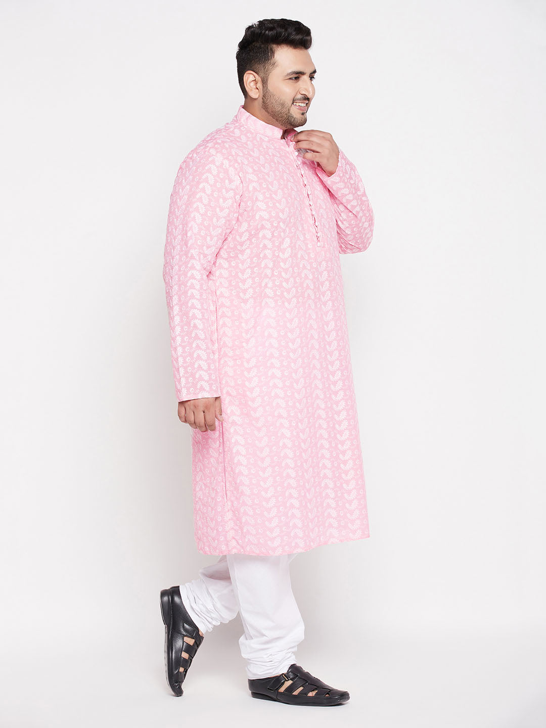 VASTRAMAY Men's Plus Size Pink Chikankari Embroidered Kurta And White Pyjama Set