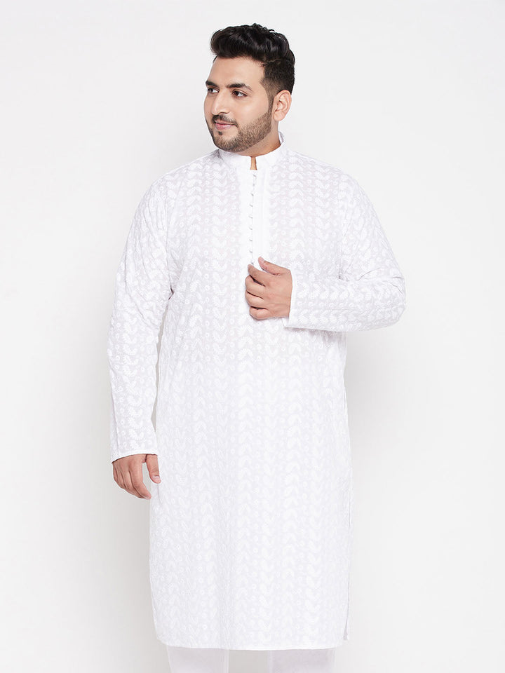 VASTRAMAY Men's Plus Size White Chikankari Embroidered Kurta