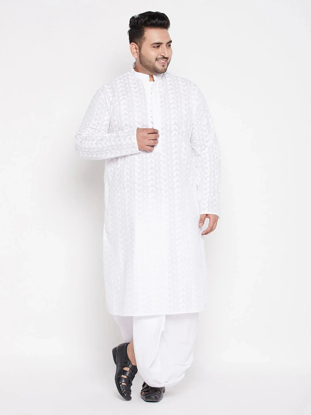 Men's Plus Size White Chikankari Embroidered Kurta And Dhoti Set