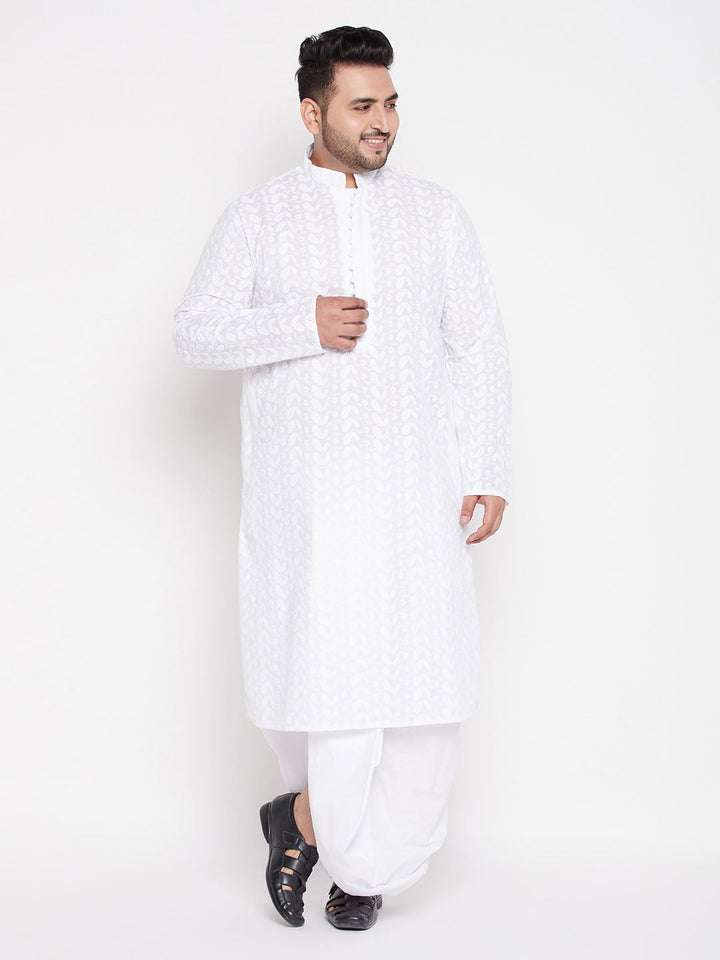 VASTRAMAY Men's Plus Size White Chikankari Embroidered Kurta And Dhoti Set