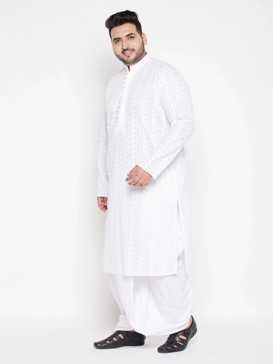 Men's Plus Size White Chikankari Embroidered Kurta And Dhoti Set