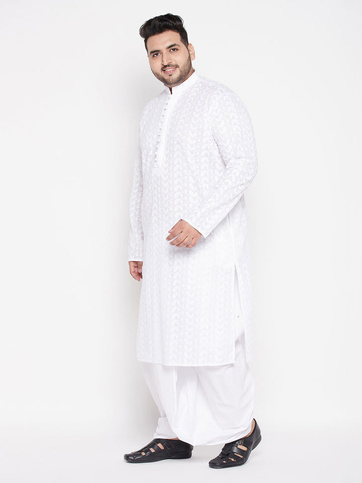 VASTRAMAY Men's Plus Size White Chikankari Embroidered Kurta And Dhoti Set