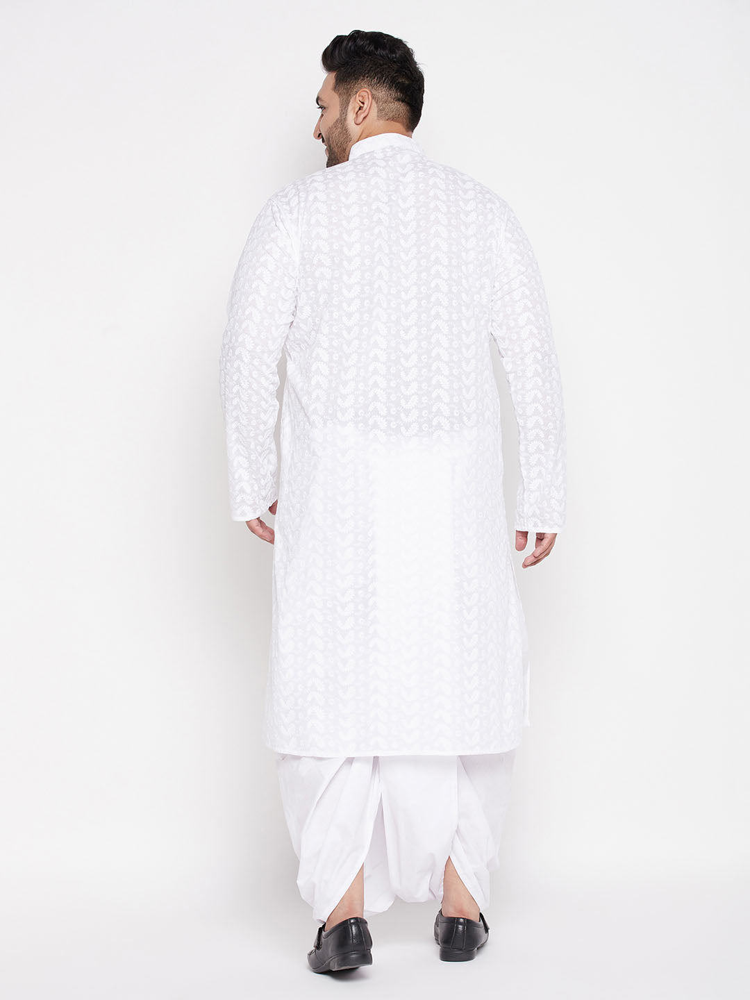 Stylish VASTRAMAY Men's Plus Size White Chikankari Embroidered Kurta And Dhoti Set for festive celebrations