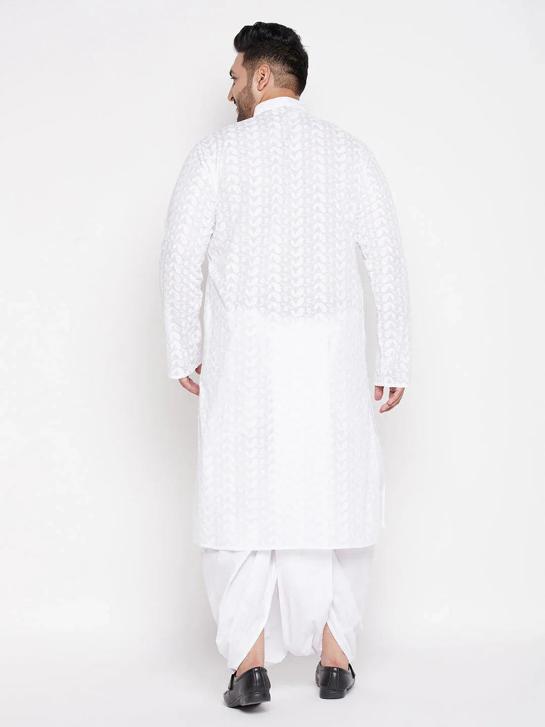 Men's Plus Size White Chikankari Embroidered Kurta And Dhoti Set