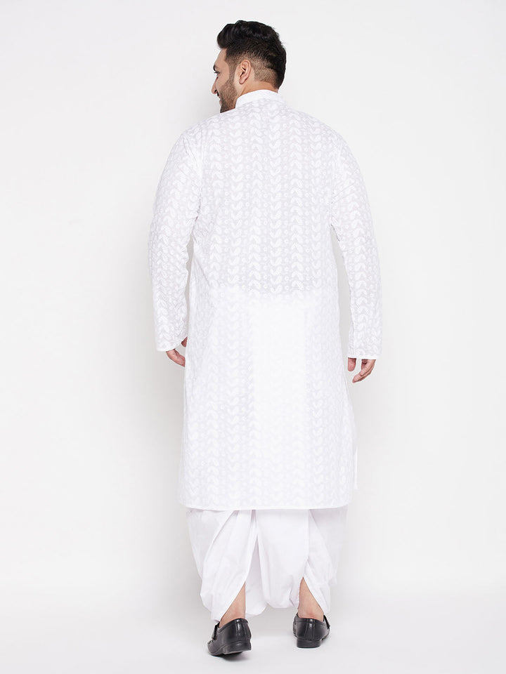 Stylish VASTRAMAY Men's Plus Size White Chikankari Embroidered Kurta And Dhoti Set for festive celebrations