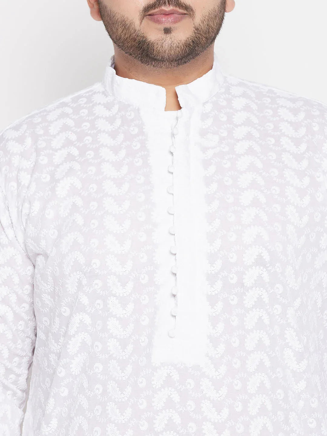 Men's Plus Size White Chikankari Embroidered Kurta And Dhoti Set