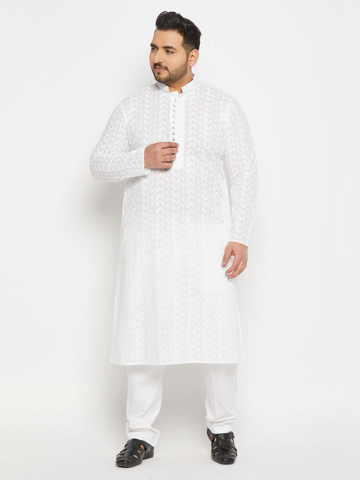 VASTRAMAY men's plus size white chikankari embroidered kurta and white cotton pant style pyjama set, perfect traditional outfit for special occasions