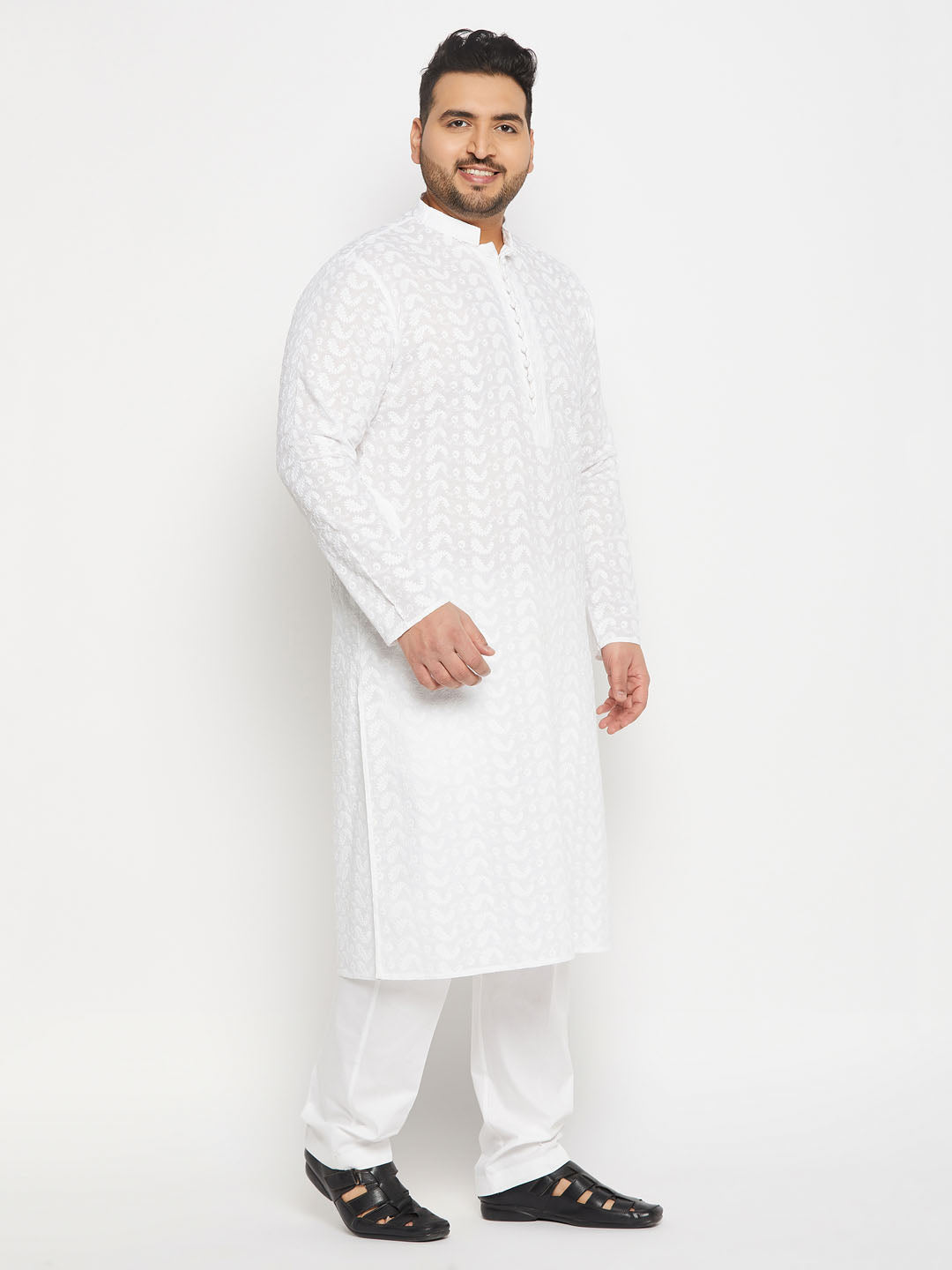 VASTRAMAY Men's Plus Size White Chikankari Embroidered Kurta And White Cotton Pant Style Pyjama Set, perfect for traditional occasions and comfortable wear