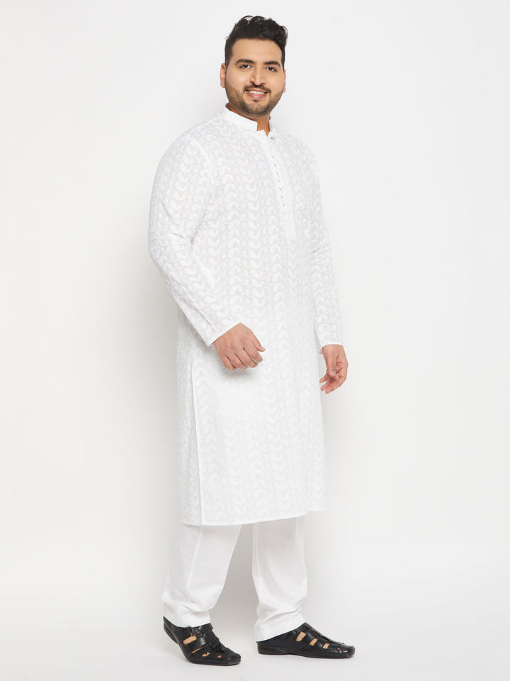 VASTRAMAY Men's Plus Size White Chikankari Embroidered Kurta And White Cotton Pant Style Pyjama Set, perfect for traditional occasions and comfortable wear