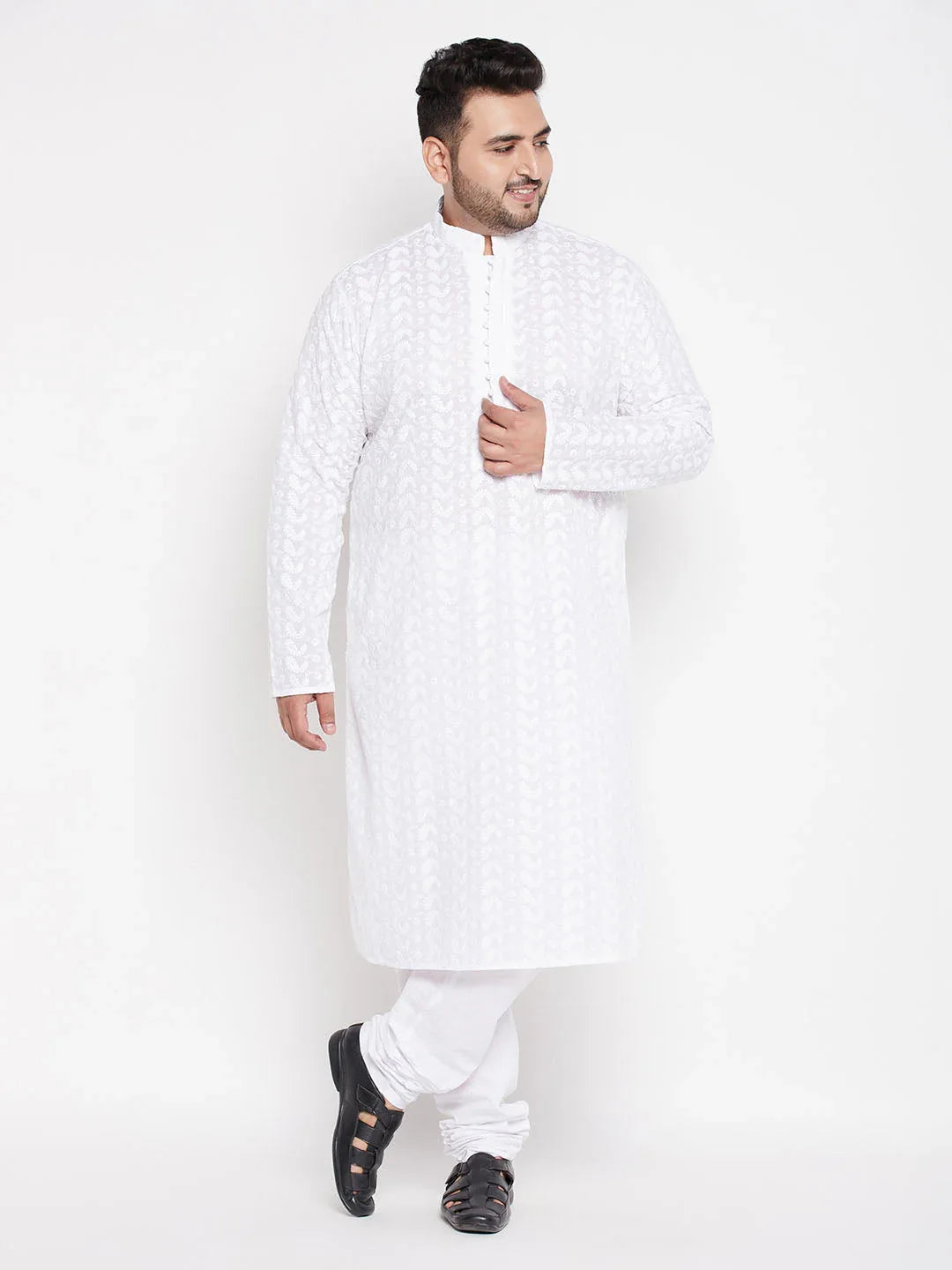 Men's Plus Size White Chikankari Embroidered Kurta And White Pyjama Set