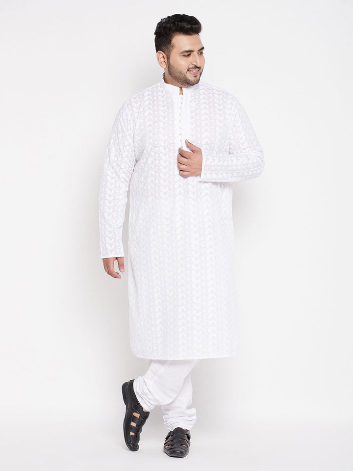 VASTRAMAY Men's Plus Size White Chikankari Embroidered Kurta And White Pyjama Set, traditional Indian attire for men with intricate hand embroidery