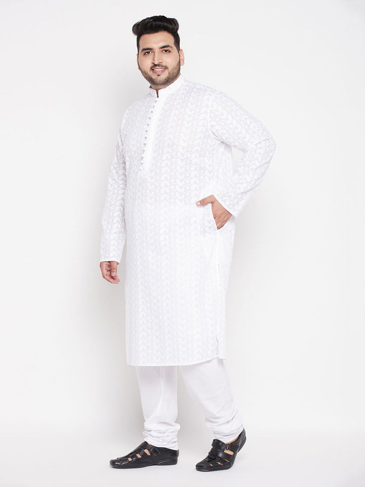 VASTRAMAY Men's Plus Size White Chikankari Embroidered Kurta And White Pyjama Set - Traditional Indian ethnic wear for men in extended sizes