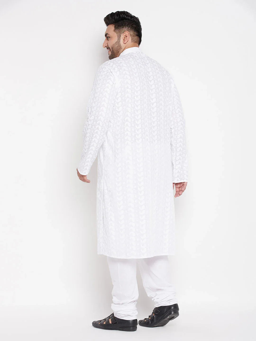 Men's Plus Size White Chikankari Embroidered Kurta And White Pyjama Set
