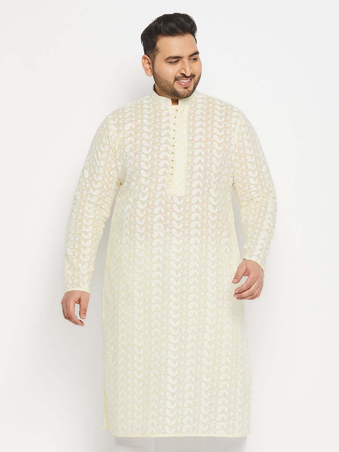 VASTRAMAY Men's Plus Size Yellow Chikankari Embroidered Kurta