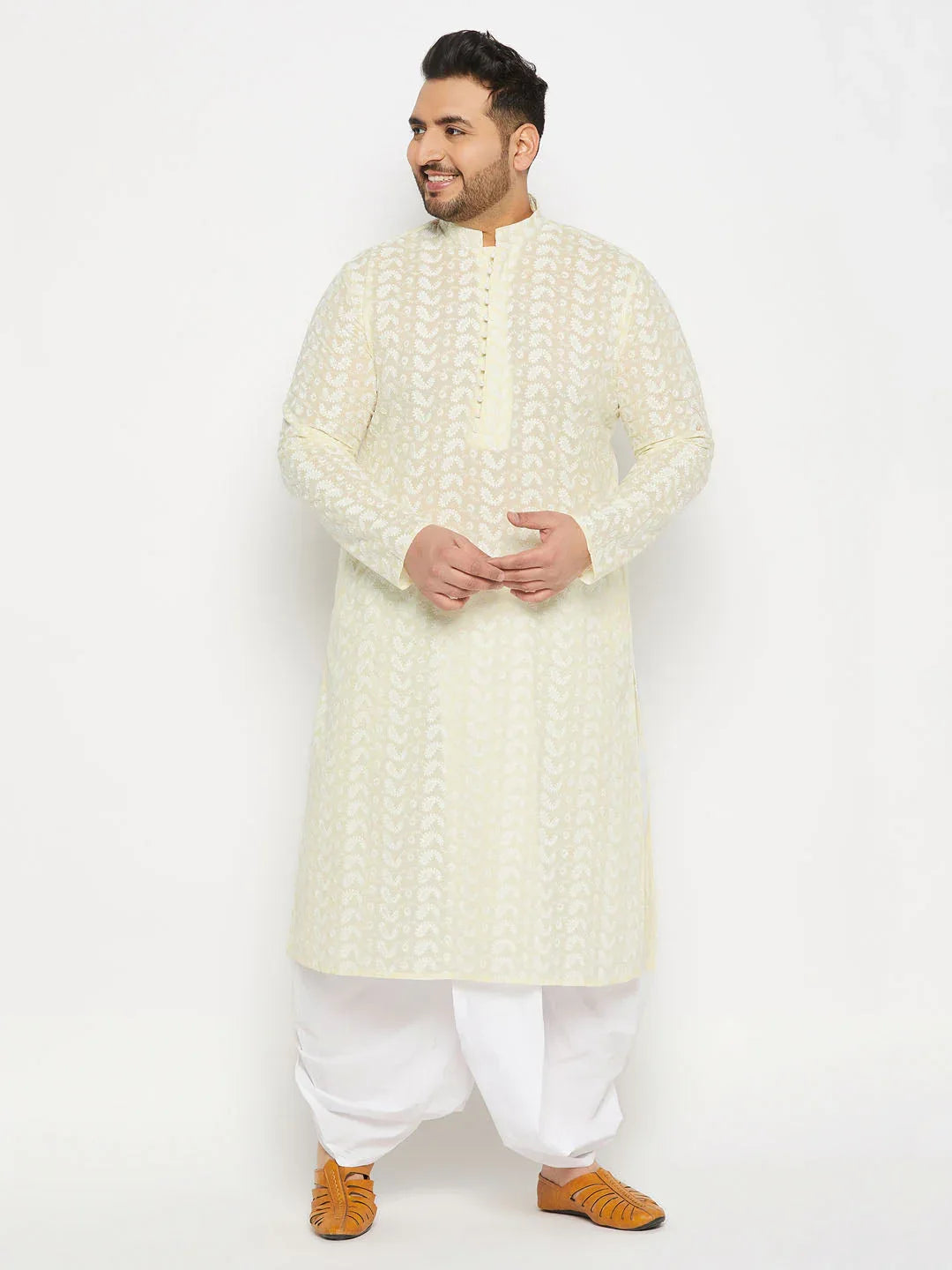 Men's Plus Size Yellow Chikankari Embroidered Kurta And White Dhoti Set