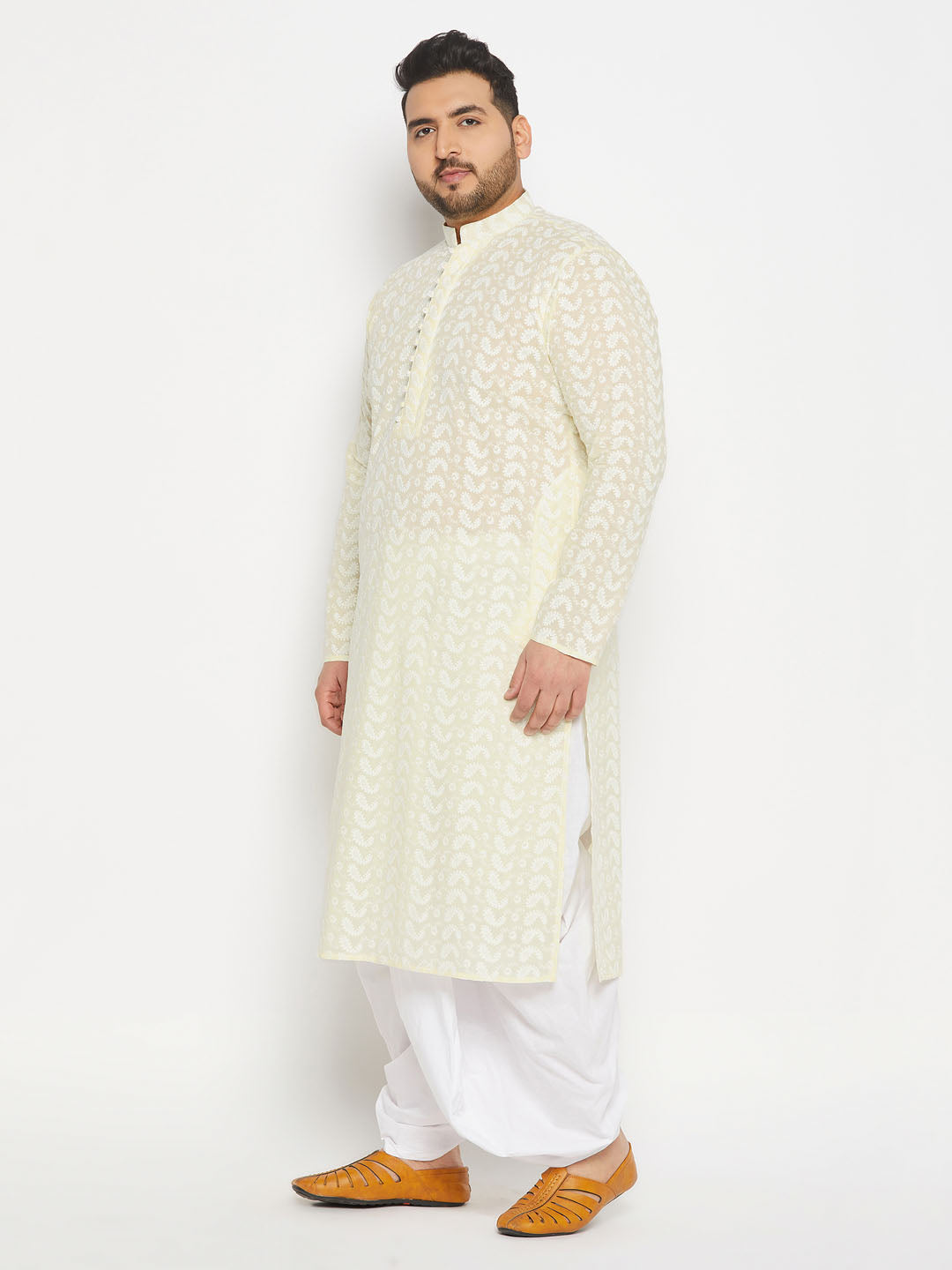 VASTRAMAY Men's Plus Size Yellow Chikankari Embroidered Kurta And White Dhoti Set