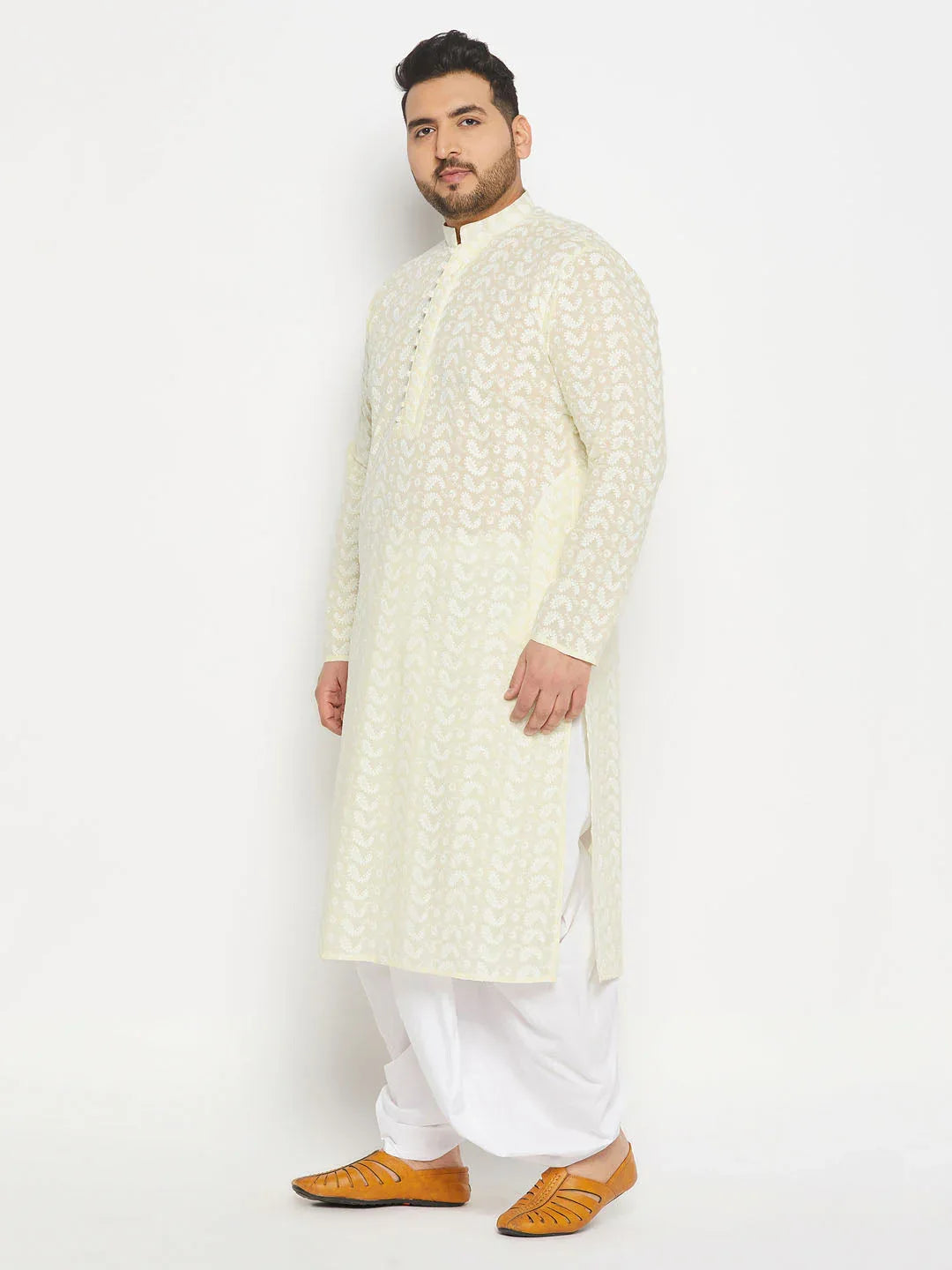 Men's Plus Size Yellow Chikankari Embroidered Kurta And White Dhoti Set