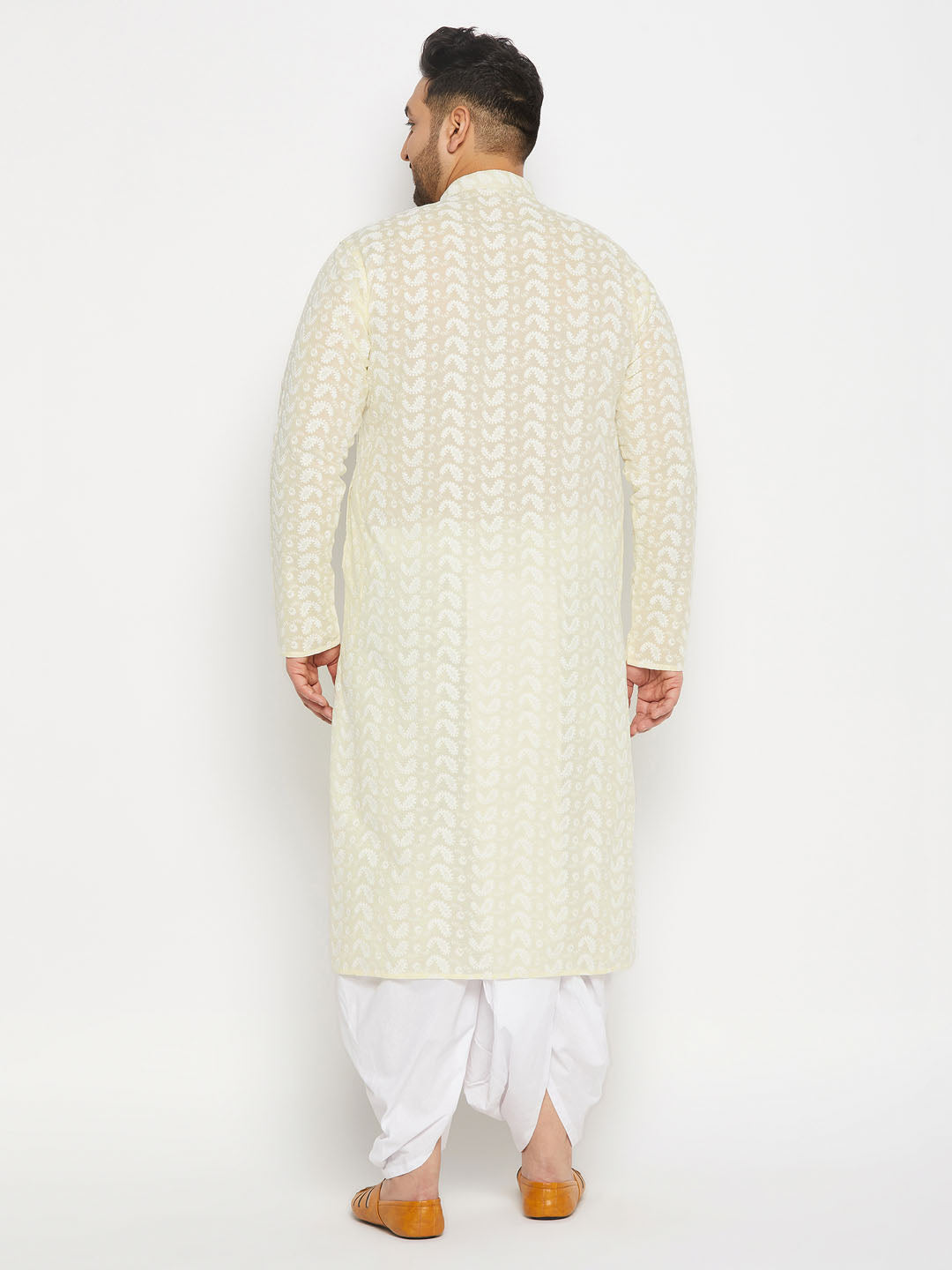 VASTRAMAY Men's Plus Size Yellow Chikankari Embroidered Kurta And White Dhoti Set - Traditional Indian ethnic wear for men with intricate embroidery details and comfortable fit