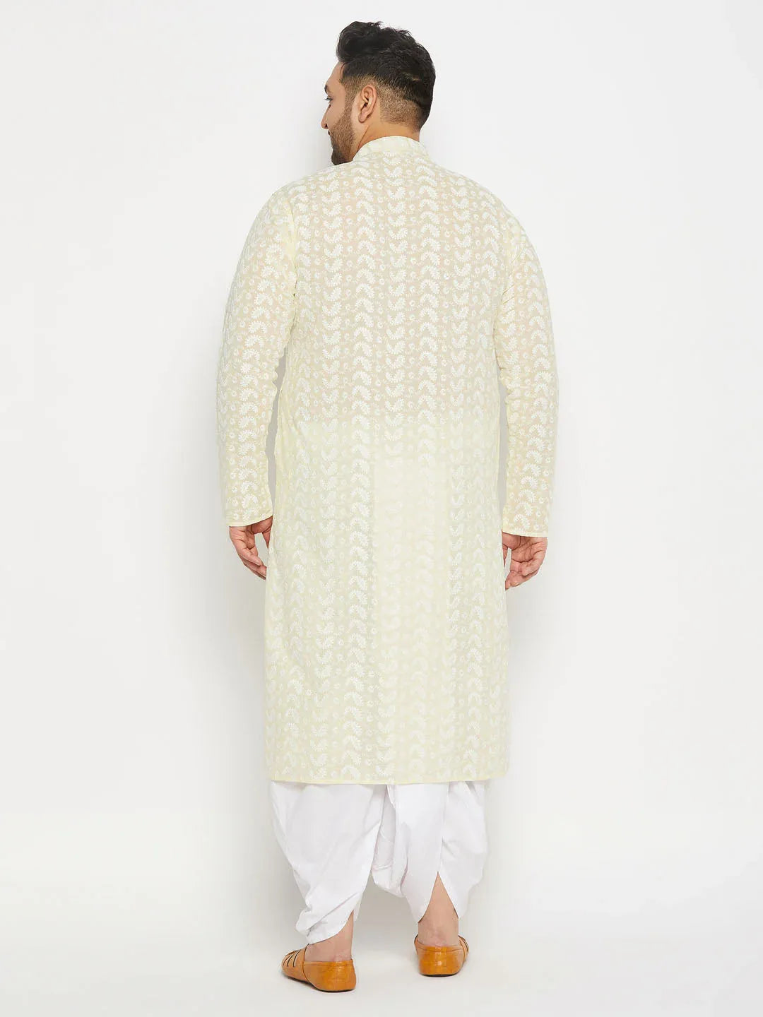Men's Plus Size Yellow Chikankari Embroidered Kurta And White Dhoti Set