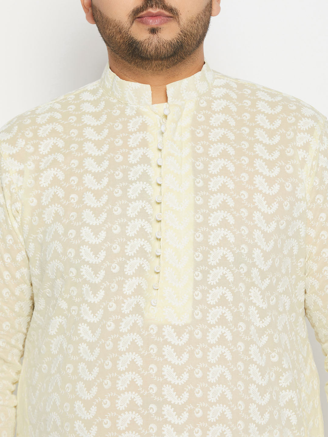 Front view of VASTRAMAY Men's Yellow Chikankari Embroidered Kurta with intricate embroidery