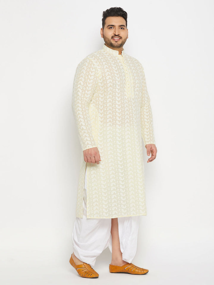 Back view of VASTRAMAY Men's Yellow Chikankari Embroidered Kurta highlighting fine craftsmanship