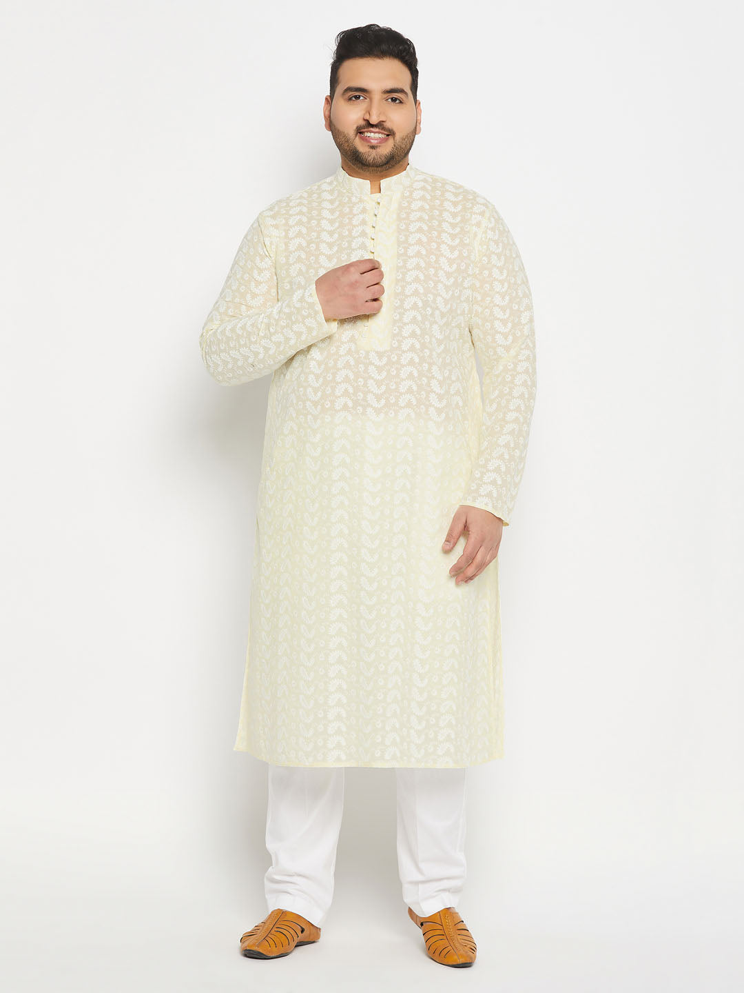 VASTRAMAY Men's Plus Size Yellow Chikankari Embroidered Kurta And White Cotton Pant Style Pyjama Set, traditional Indian outfit for men with intricate embroidery details