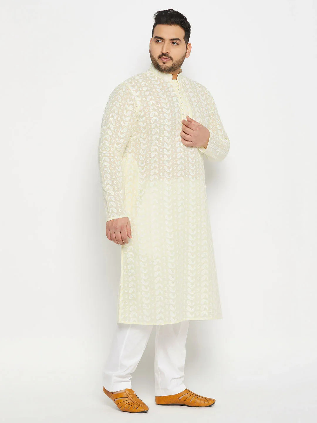 Men's Plus Size Yellow Chikankari Embroidered Kurta And White Cotton Pant Style Pyjama Set