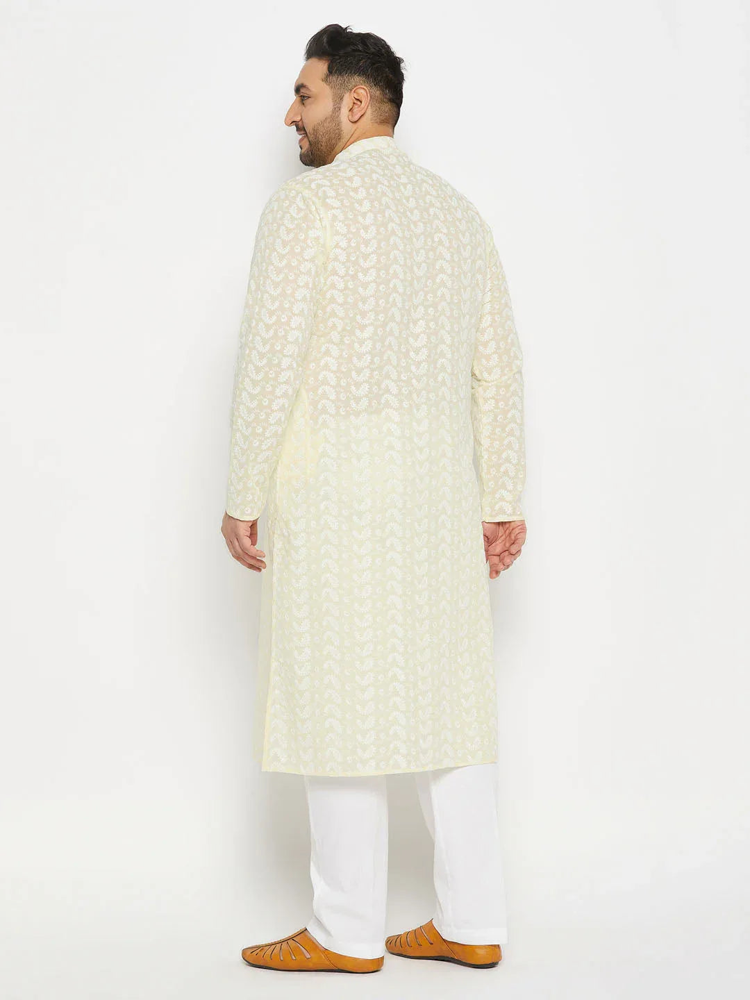 Men's Plus Size Yellow Chikankari Embroidered Kurta And White Cotton Pant Style Pyjama Set
