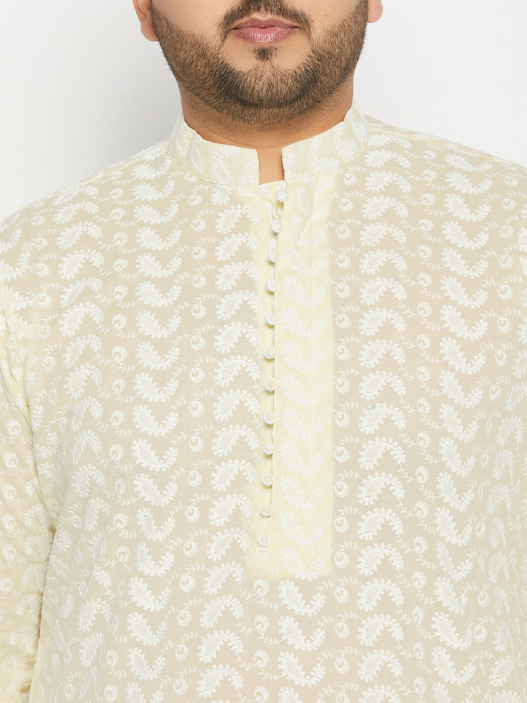 VASTRAMAY Men's Plus Size Yellow Chikankari Embroidered Kurta And White Cotton Pant Style Pyjama Set, perfect for traditional Indian occasions and festivals, with intricate embroidery details