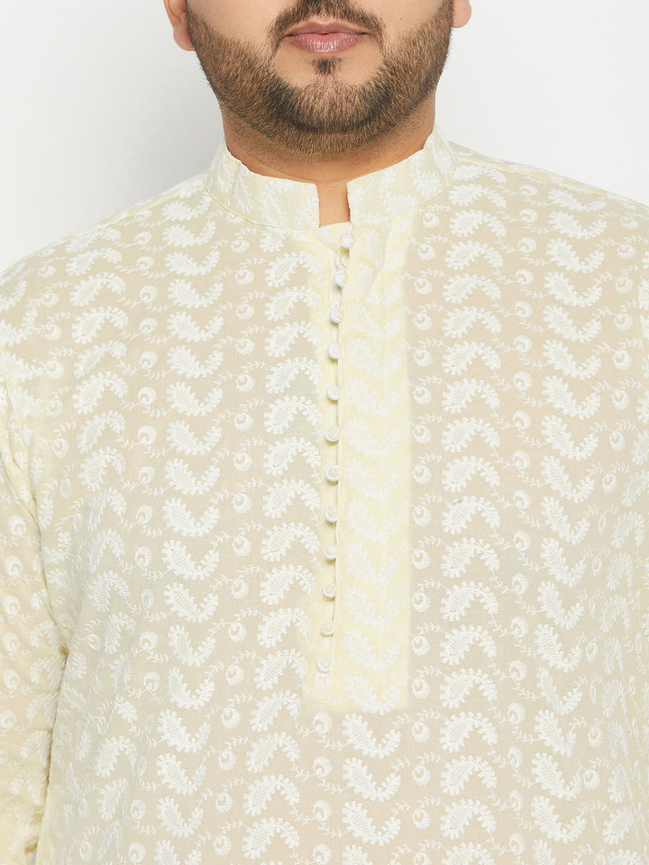 VASTRAMAY Men's Plus Size Yellow Chikankari Embroidered Kurta And White Cotton Pant Style Pyjama Set, perfect for traditional Indian occasions and festivals, with intricate embroidery details