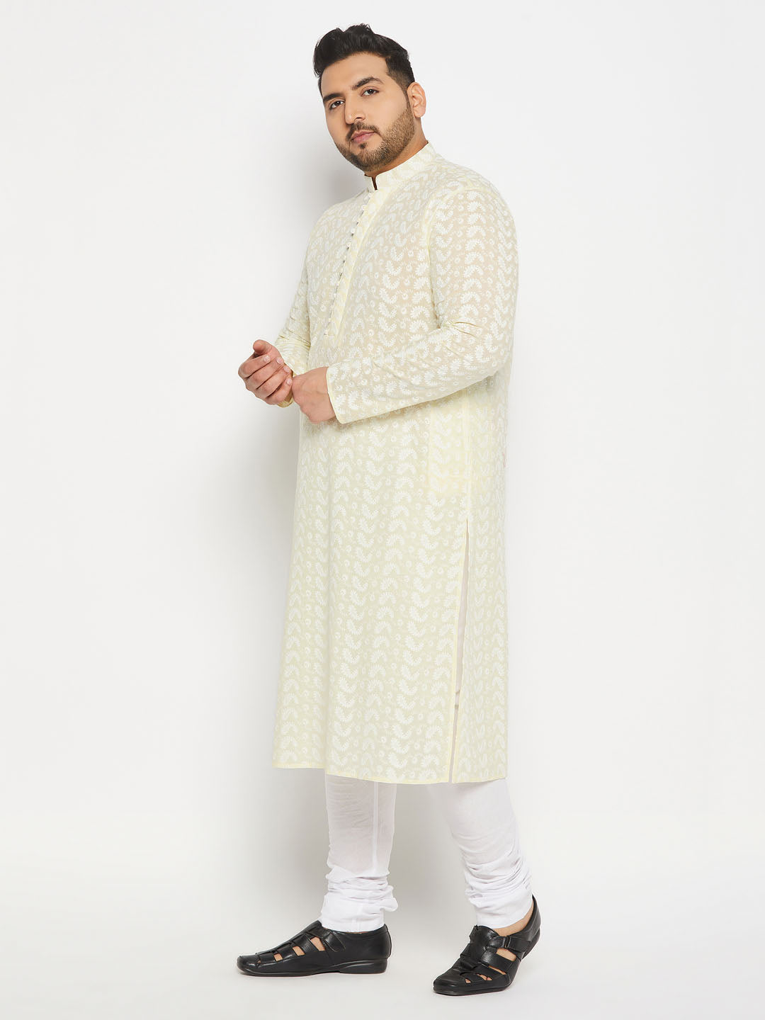 VASTRAMAY Men's Plus Size Yellow Chikankari Embroidered Kurta And White Pyjama Set, traditional Indian attire with intricate embroidery details