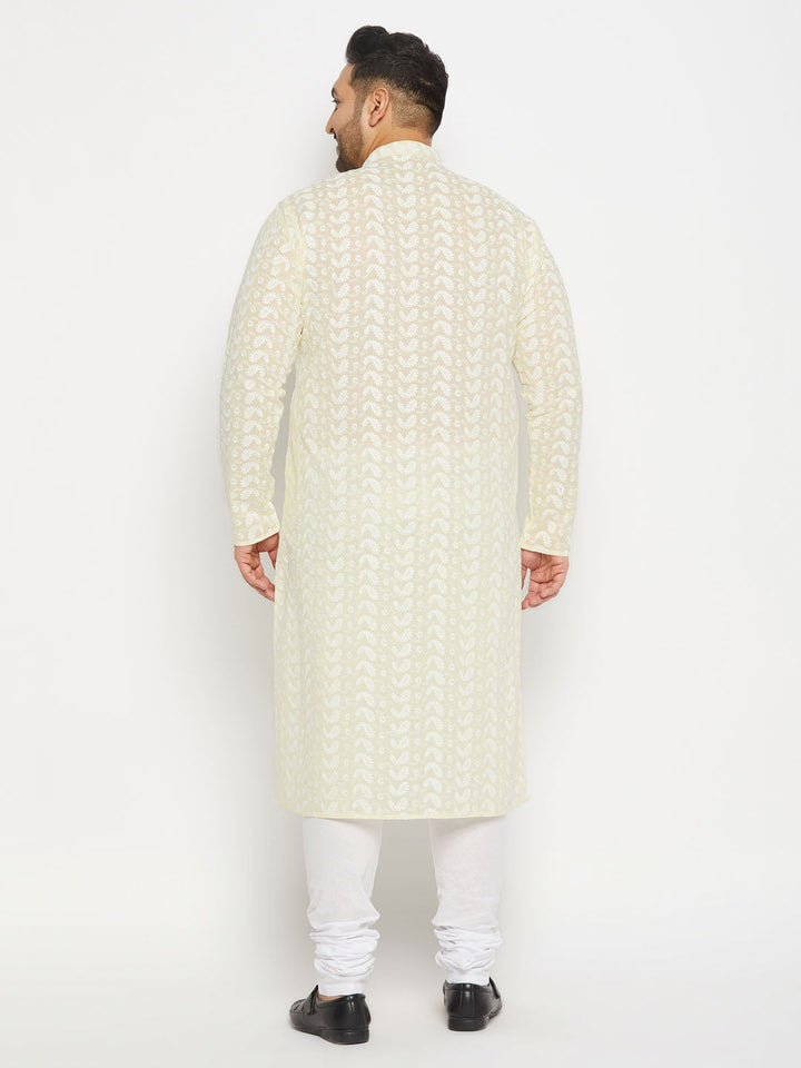 Side view of VASTRAMAY Men's Plus Size Yellow Chikankari Embroidered Kurta And White Pyjama Set highlighting the breathable fabric and elegant design