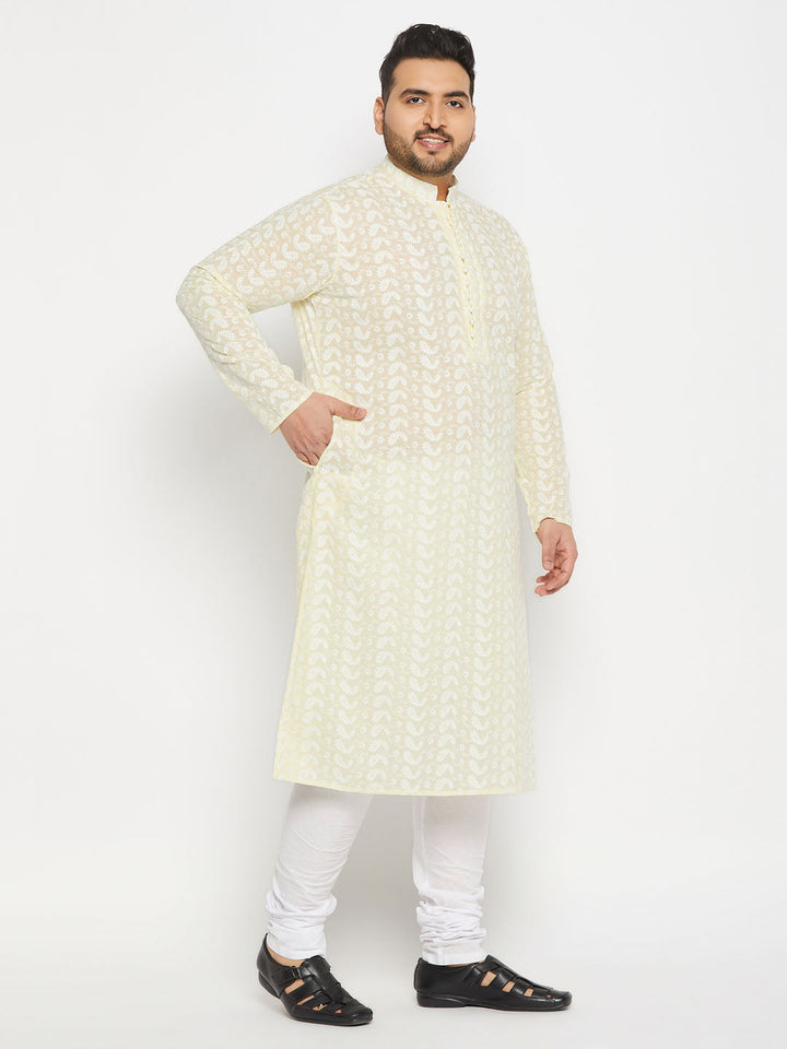 Close-up of the yellow Chikankari embroidery on the kurta of VASTRAMAY Men's Plus Size Yellow Chikankari Embroidered Kurta And White Pyjama Set