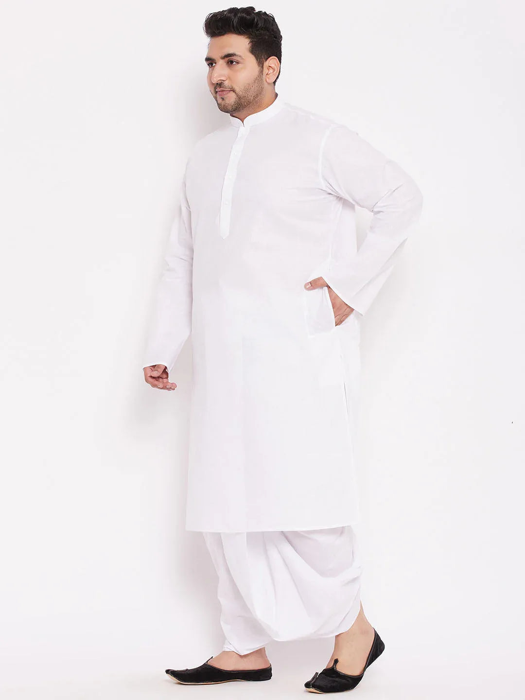 Men's Plus Size White Cotton Kurta And Dhoti Set