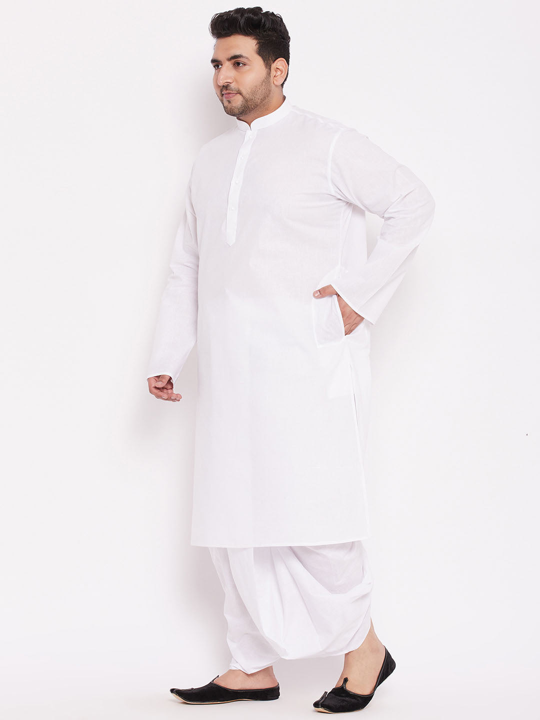 VASTRAMAY Men's Plus Size White Cotton Kurta And Dhoti Set