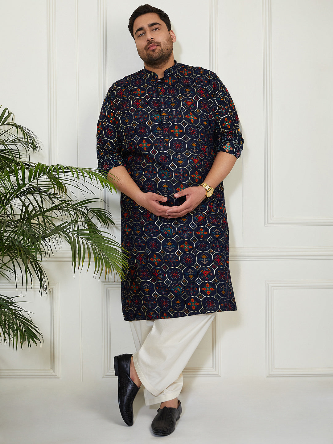 Plus Men's Blue And Cream Cotton Blend Kurta And Patiala Set