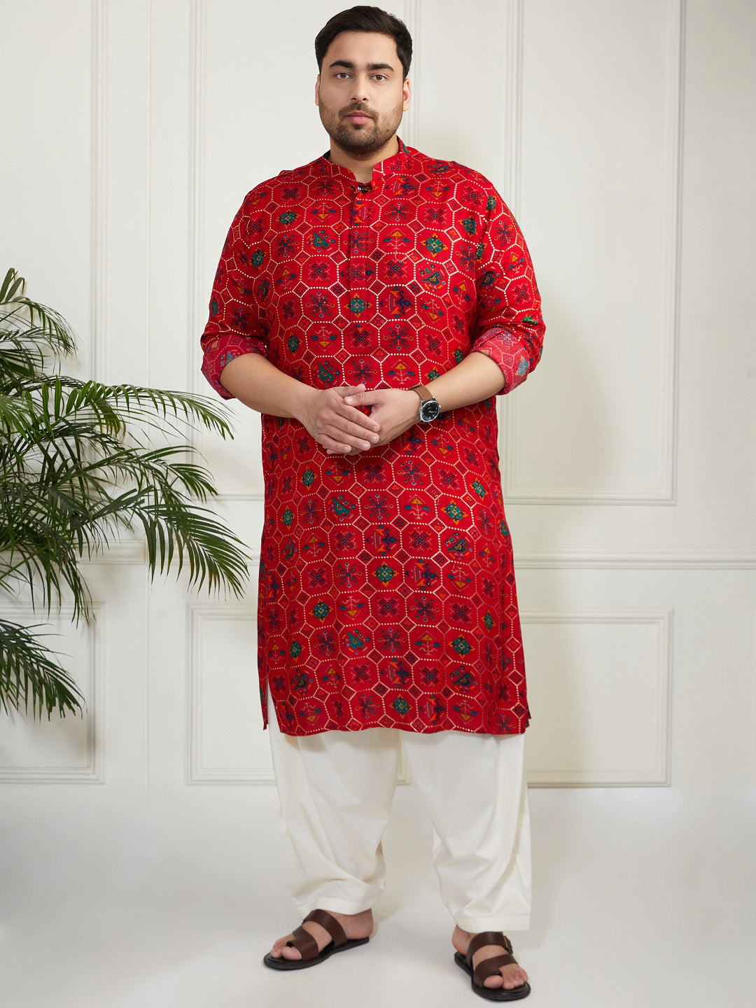 Plus Men's Red Cotton Blend Kurta