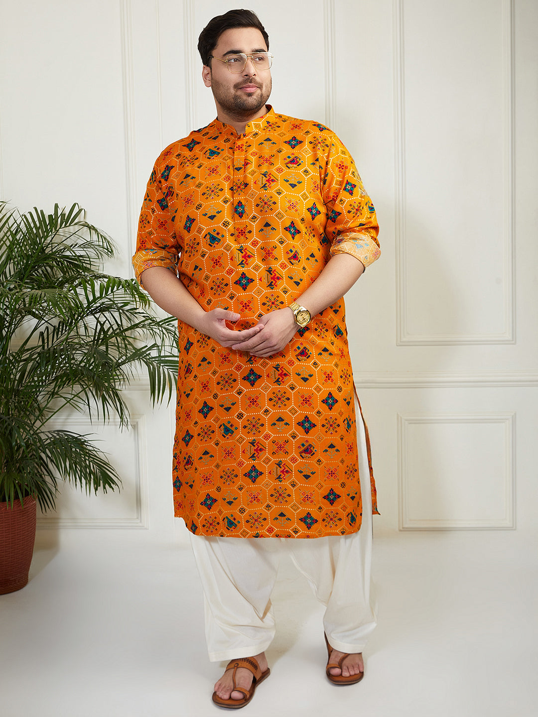 Men's Plus Yellow Cotton Blend Kurta
