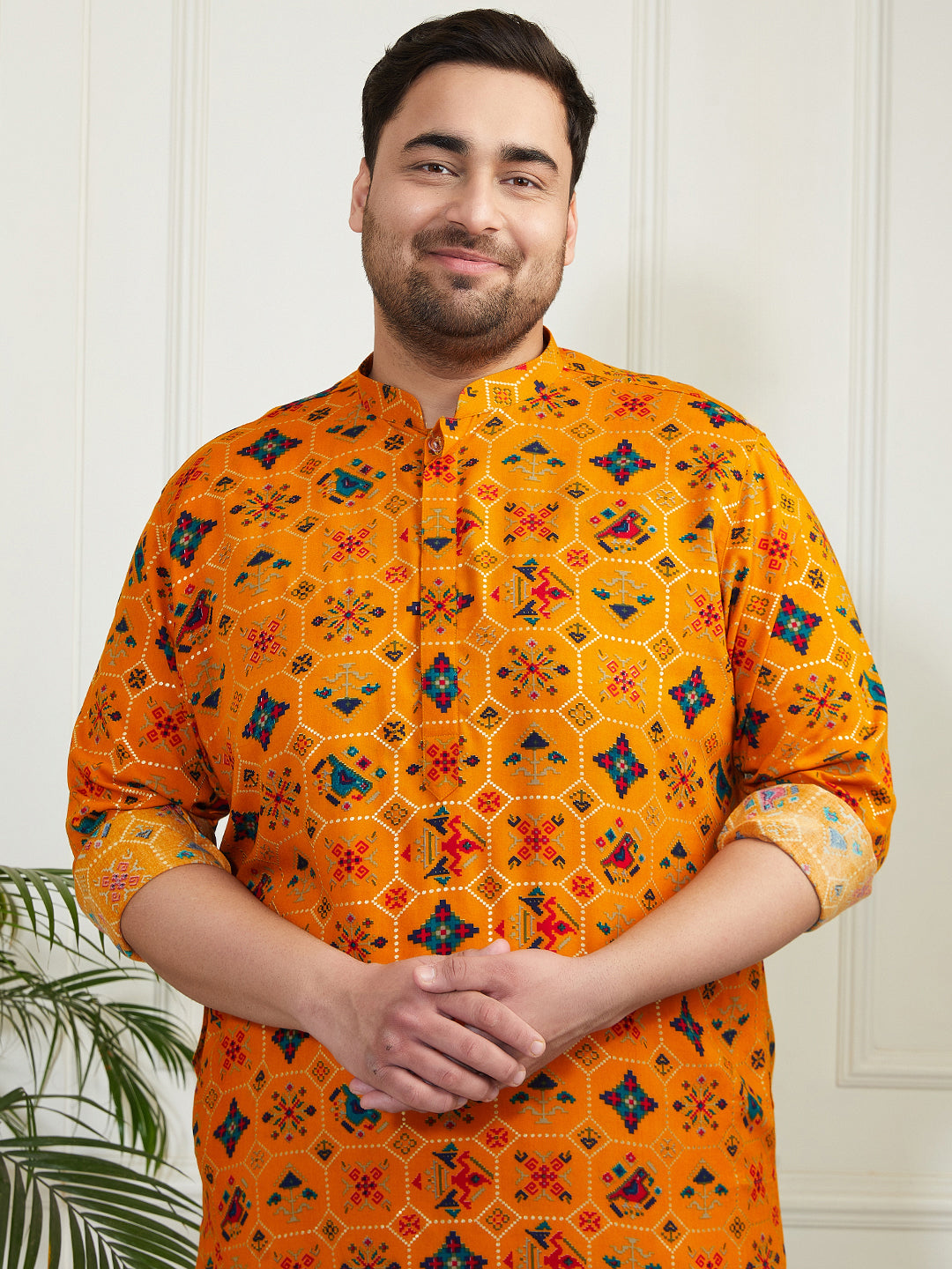 Plus Men's Yellow And Cream Cotton Blend Kurta Pyjama Set