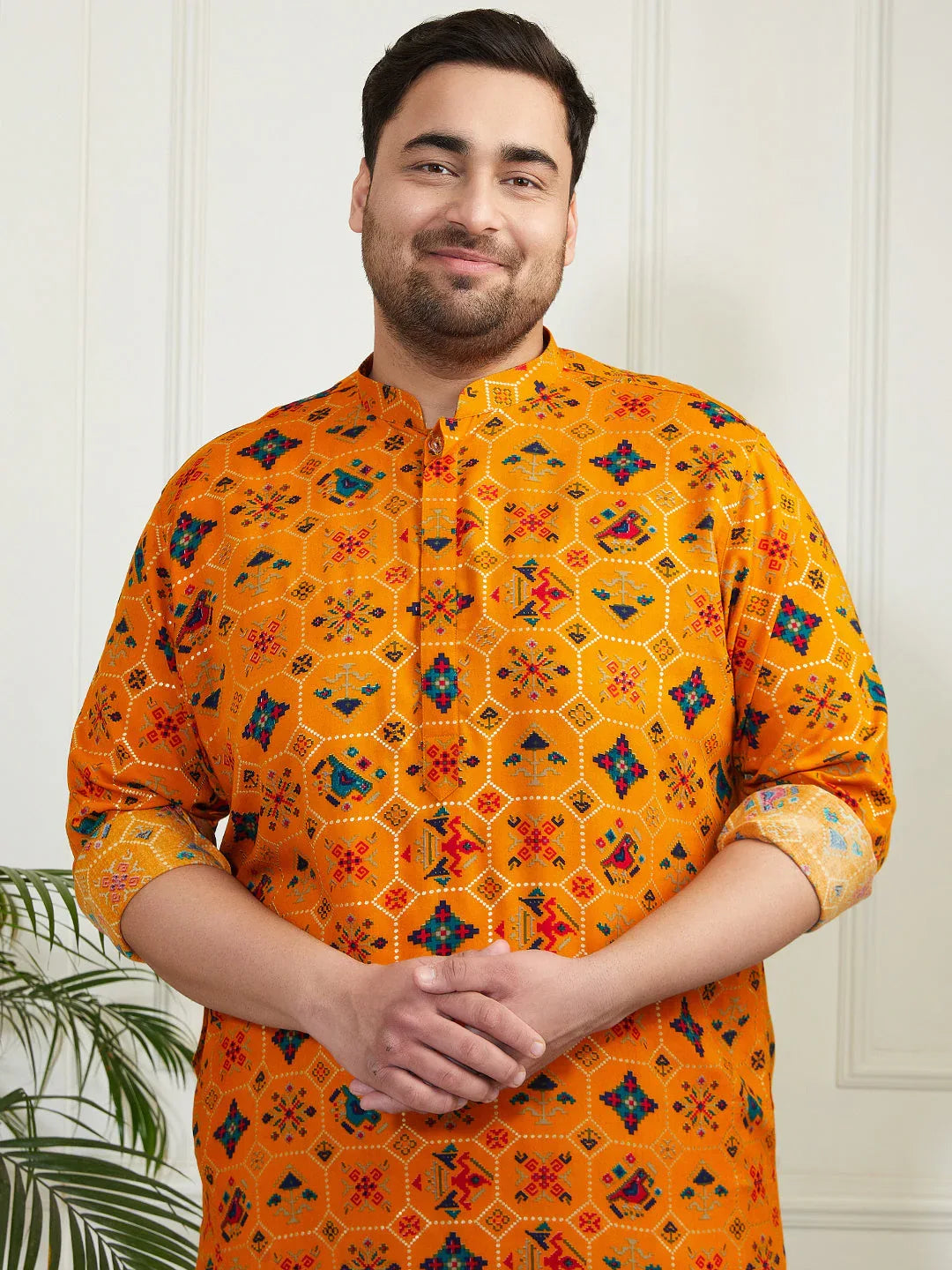 Plus Men's Yellow And Cream Cotton Blend Kurta Pyjama Set