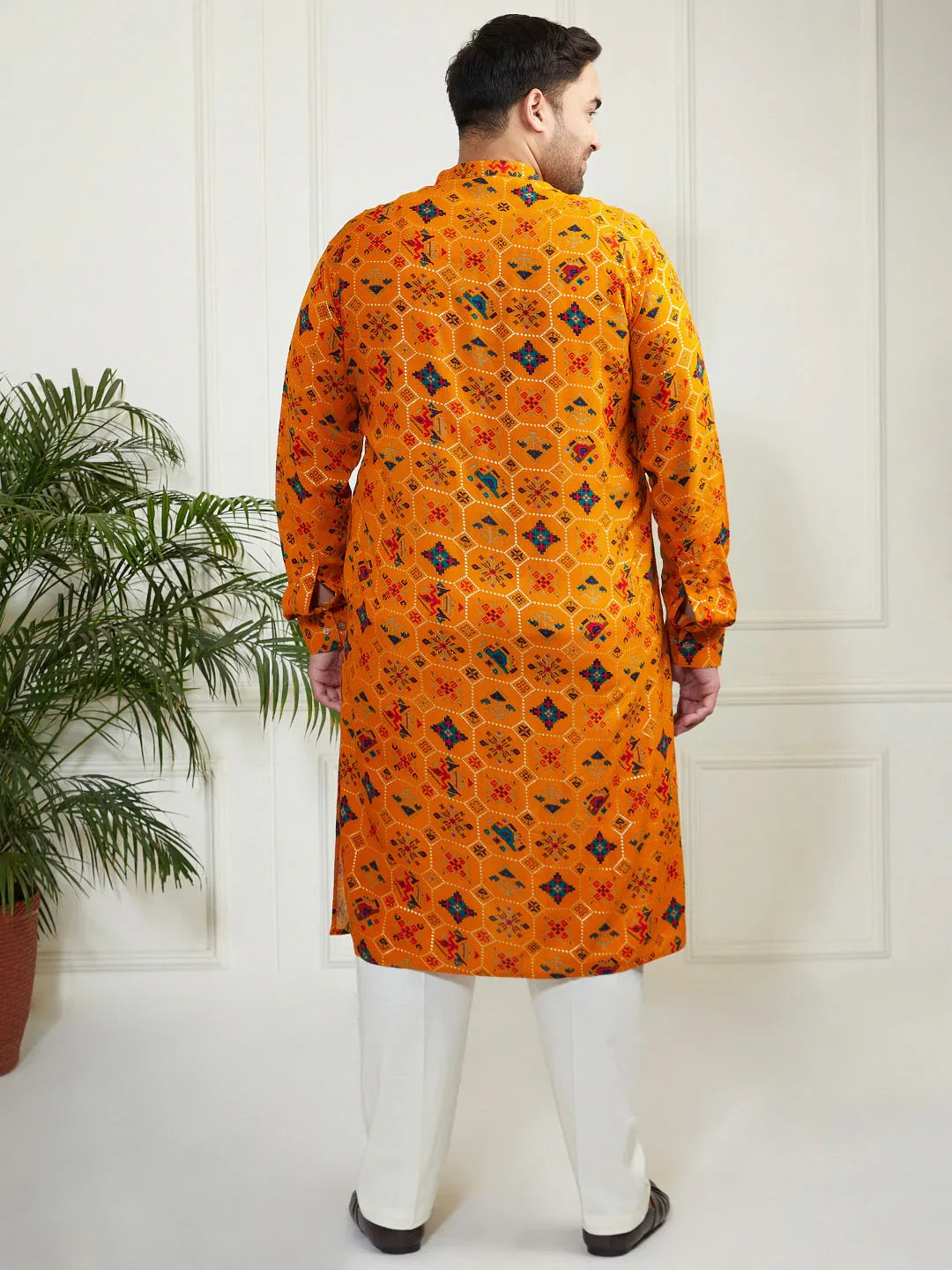 Plus Men's Yellow And Cream Cotton Blend Kurta Pyjama Set