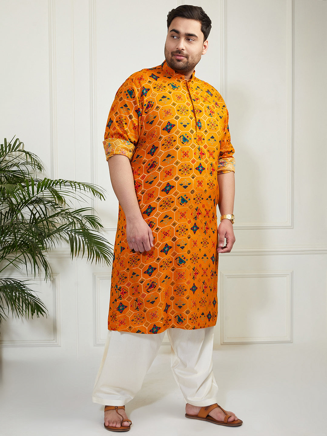 Plus Men's Yellow And Cream Cotton Blend Kurta And Patiala Set