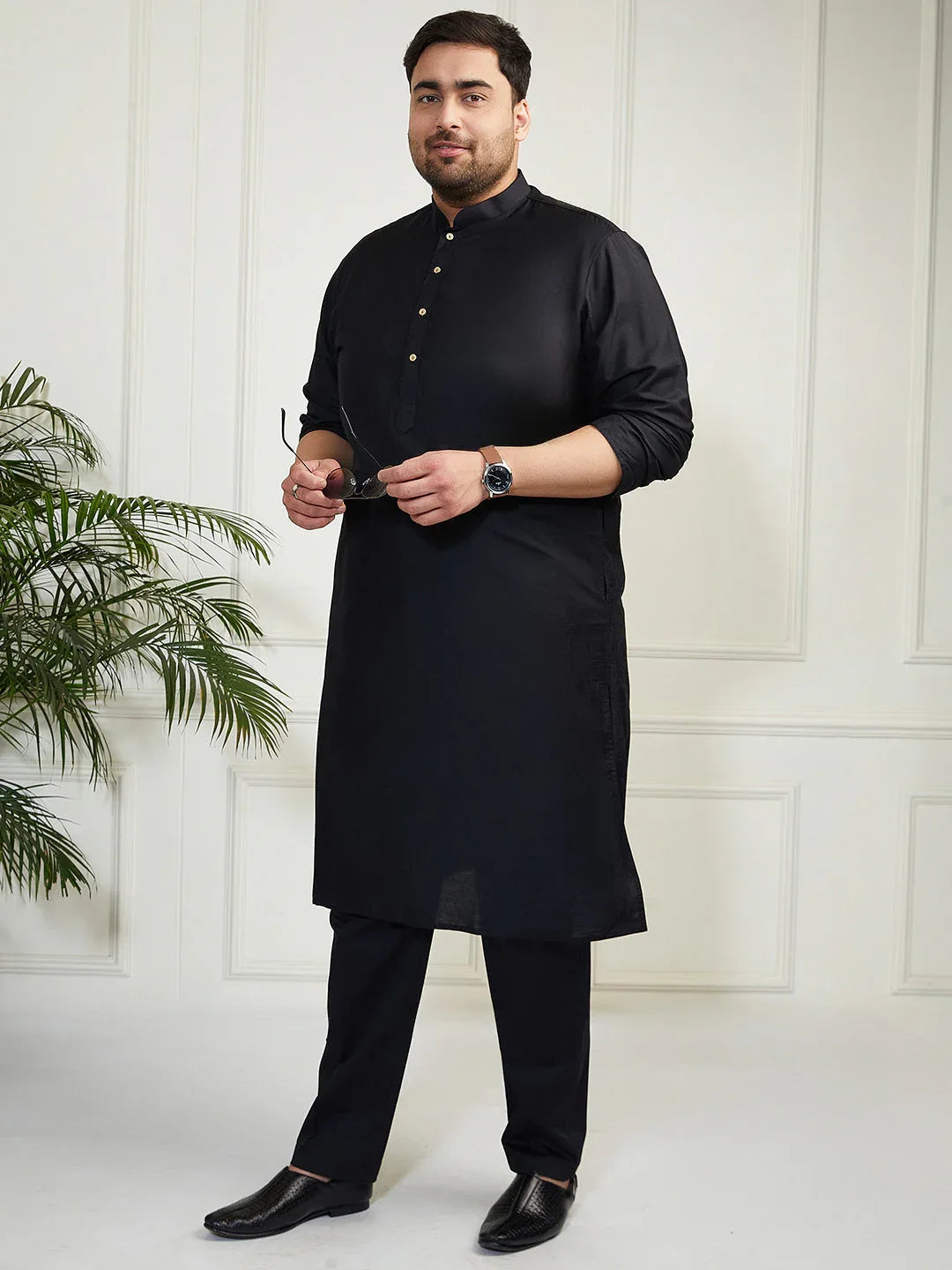 Plus Men's Black Viscose Kurta Pyjama Set